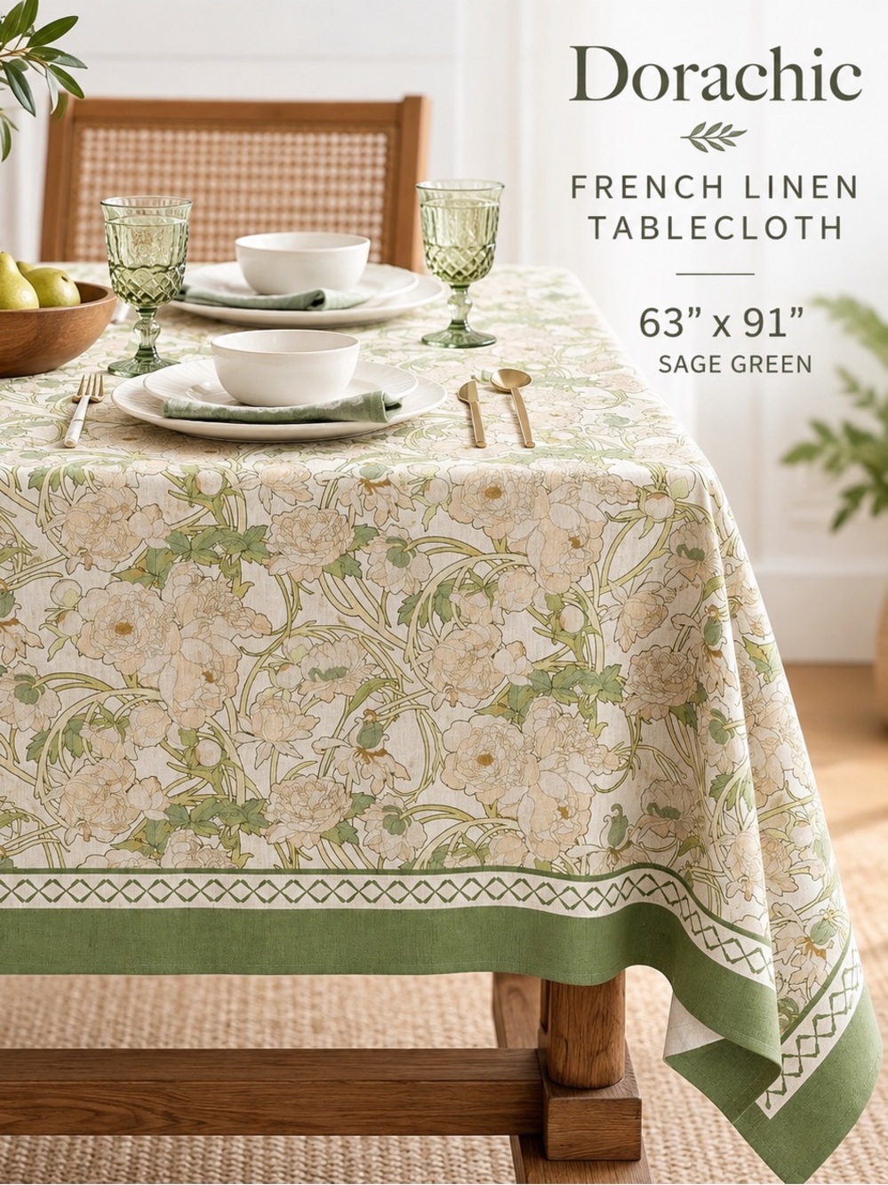 Dorachic French Linen Tablecloth Sage Green Floral Rectangular 63x91 Vintage